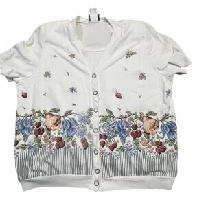 Vintage Teddi Fruit Print Button Front Knit Top Womens XL Strawberry Cottagecore